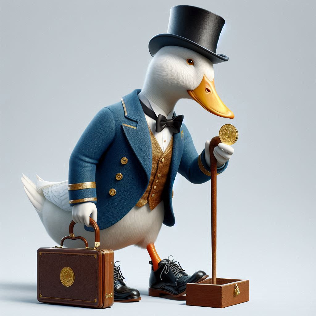 KI generierter Donald Duck mit einem Schuhputzerkasten und seinem Glücks Zehner